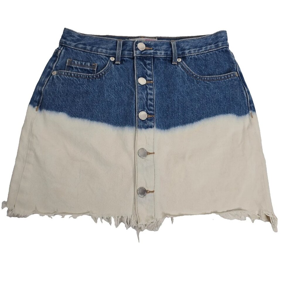Juicy Couture Mini Skirt Womens 26 Denim Jean Two Tone Raw Hem White Blue Button
